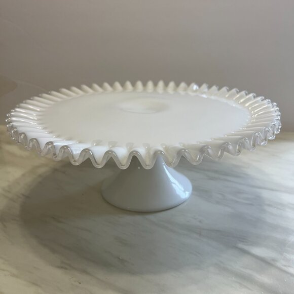 Vintage Fenton Milk Glass Cake Stand: Silver Crest Ruffled Edge, 1940s Pedestal - Picture 1 of 5